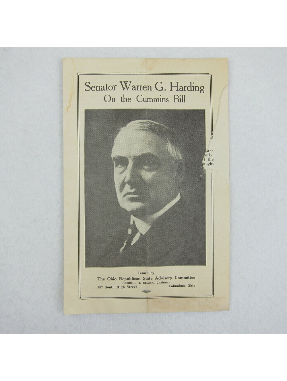 Antique 1920 Senator Warren G. Harding of Ohio On Cummins Bill Pamphlet RARE